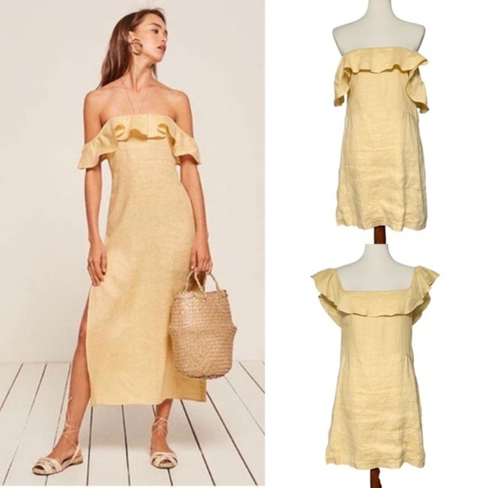 Reformation Madrid Dress Linen Off-Shoulder Slit Dress Buttercup Size Medium